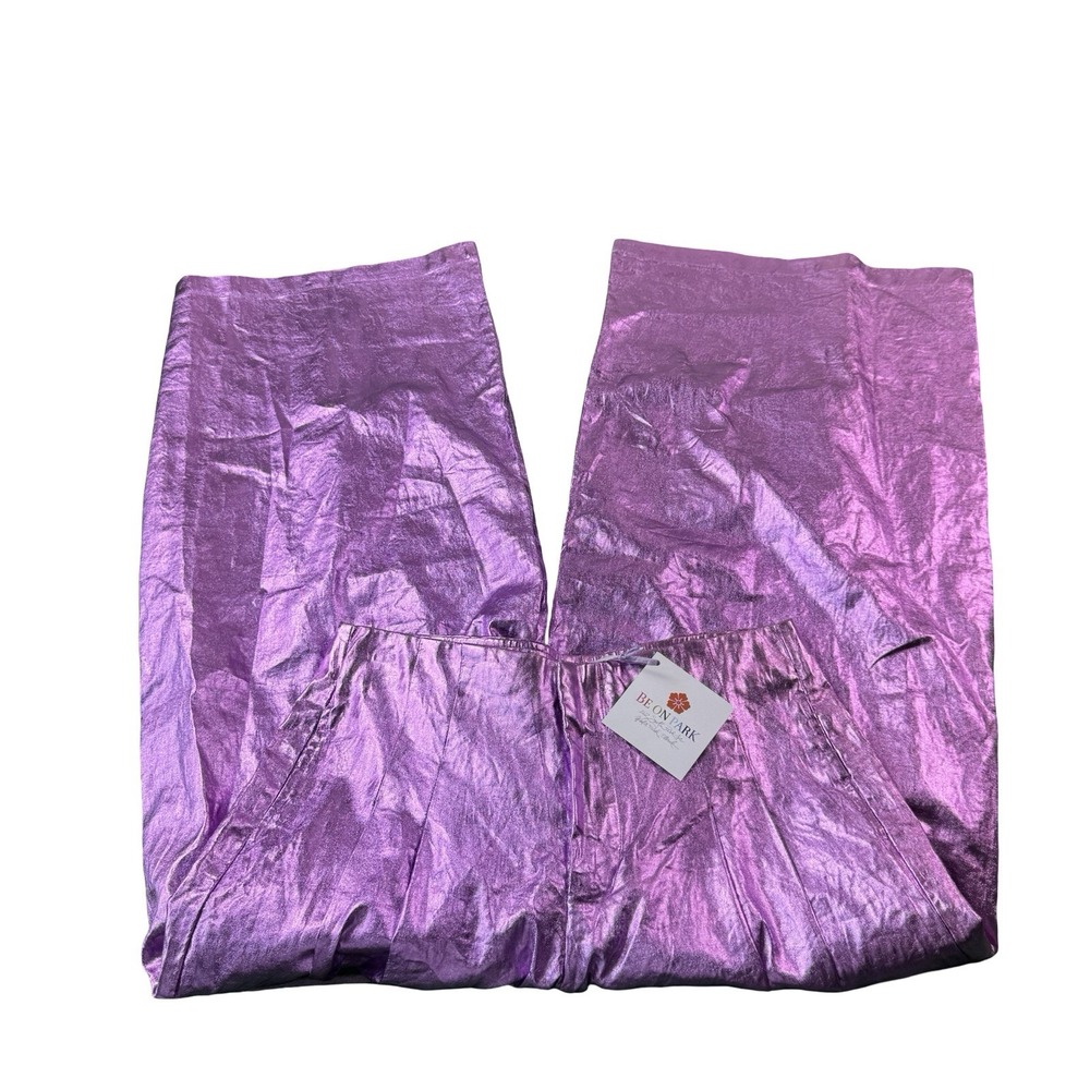 Lanthropy Purple Pure Linen Waxed Wide Leg Flare Womens Pants Size L CMLPV-L NWT